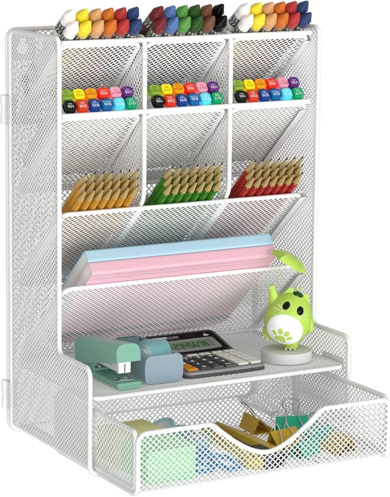 BOHDK Pen Organizer for Desk, Multi-Functional Desk Organizer, Wall Mount Pen Holder with Drawer for School, Office, Home, Art Supplies, White - Image 1